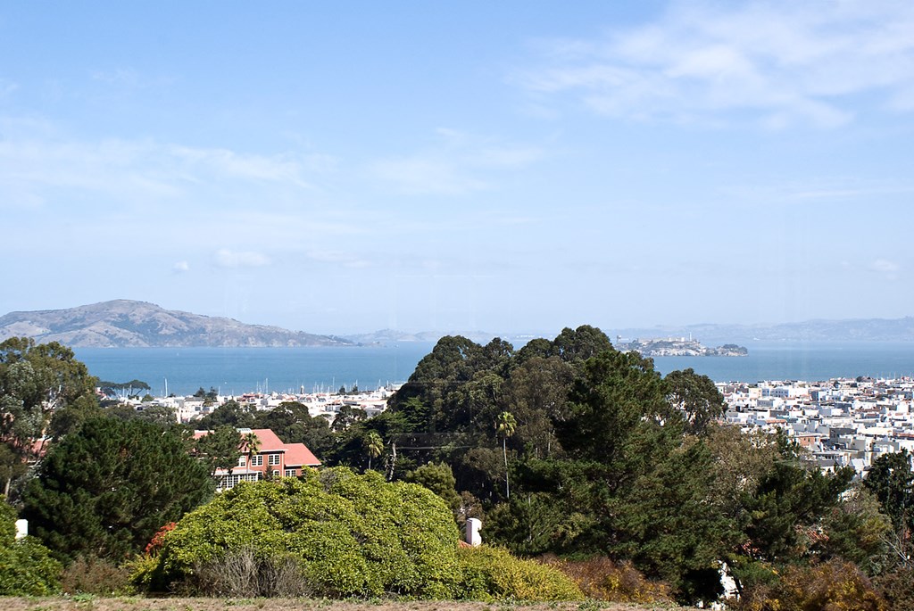 a view of the city and the ocean from a hill