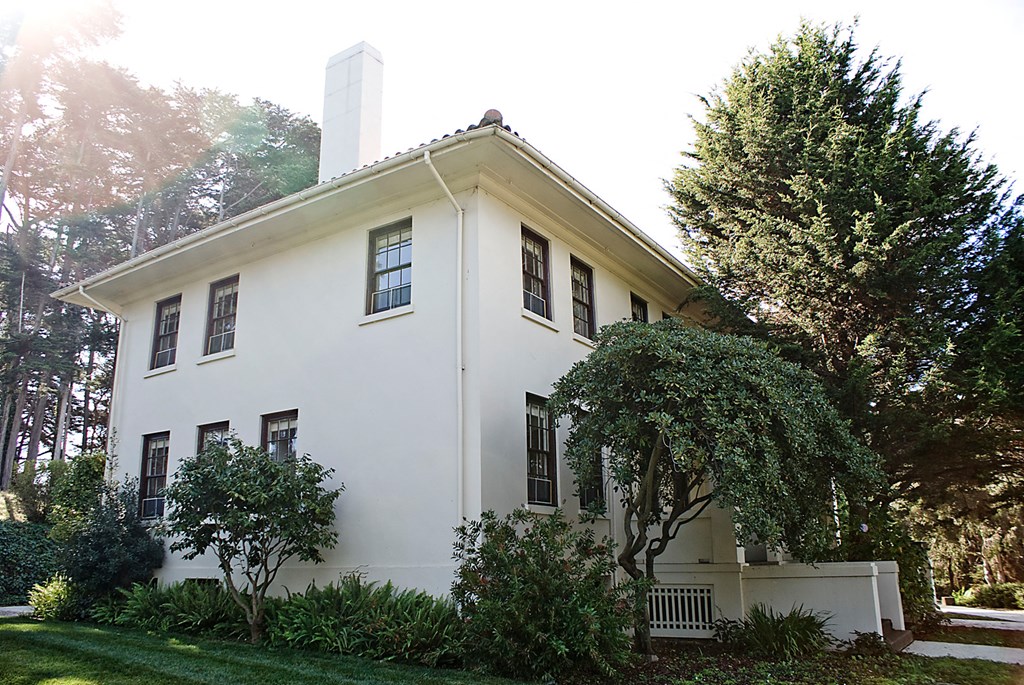 a white house with trees and bushes in front of it