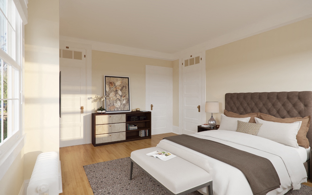 a bedroom with a bed and a dresser and a window