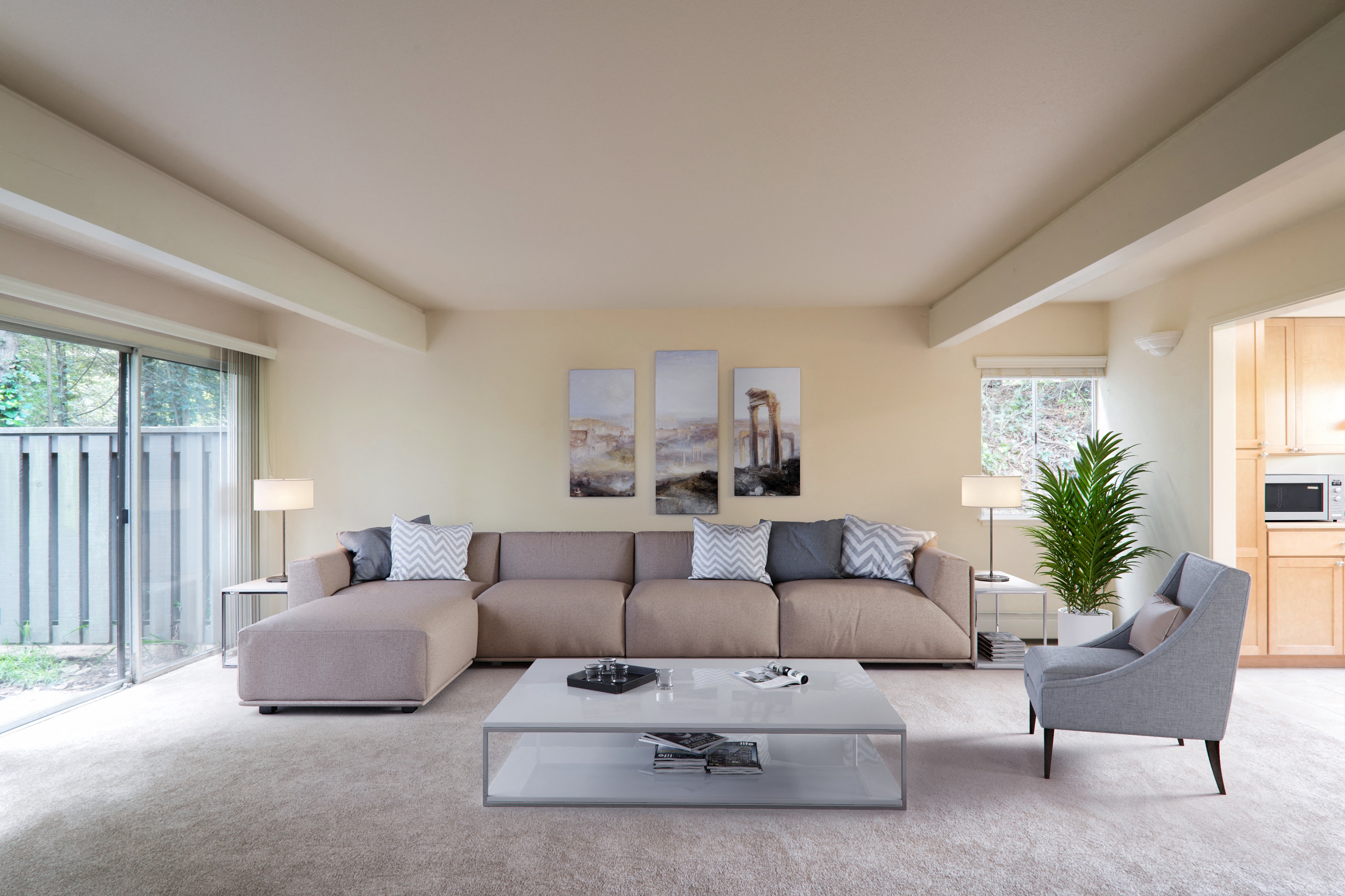 a living room with a couch and a coffee table