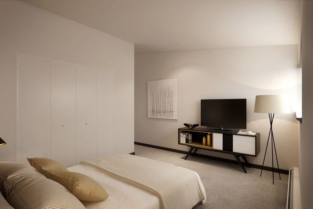 a bedroom with a bed and a television