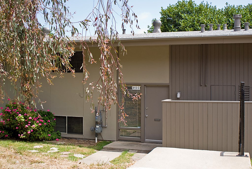 the front of a house with a door and a tree