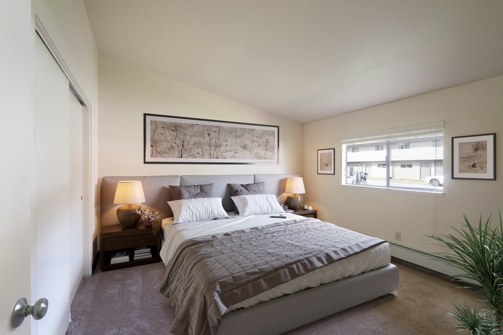 a bedroom with a bed and a window