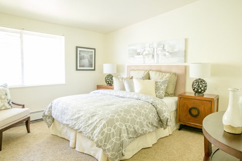 a bedroom with a bed and two night stands and a window