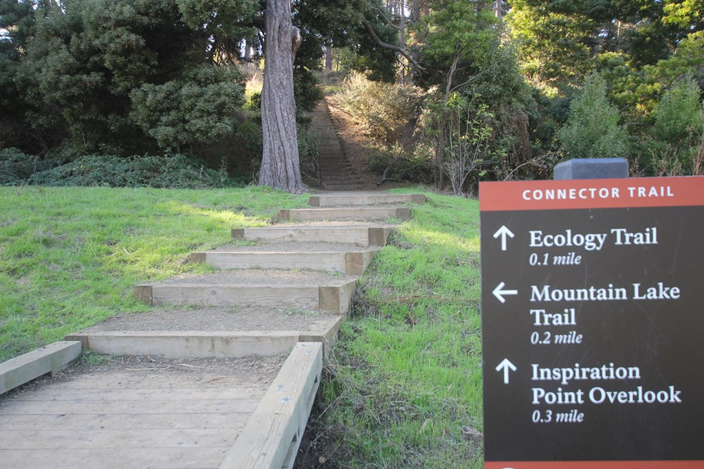 a sign for the ecology trail and mountain lake