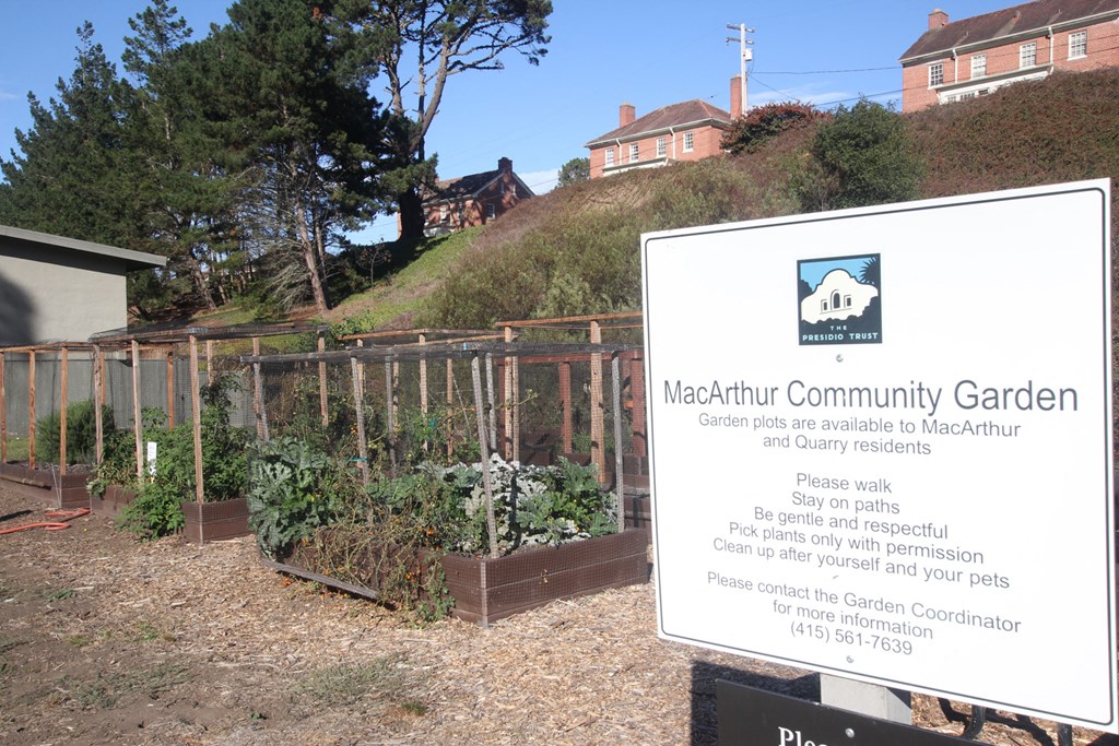 a community garden with a sign in front of it