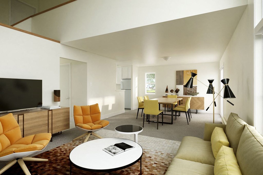 a living room and dining room in a modern apartment