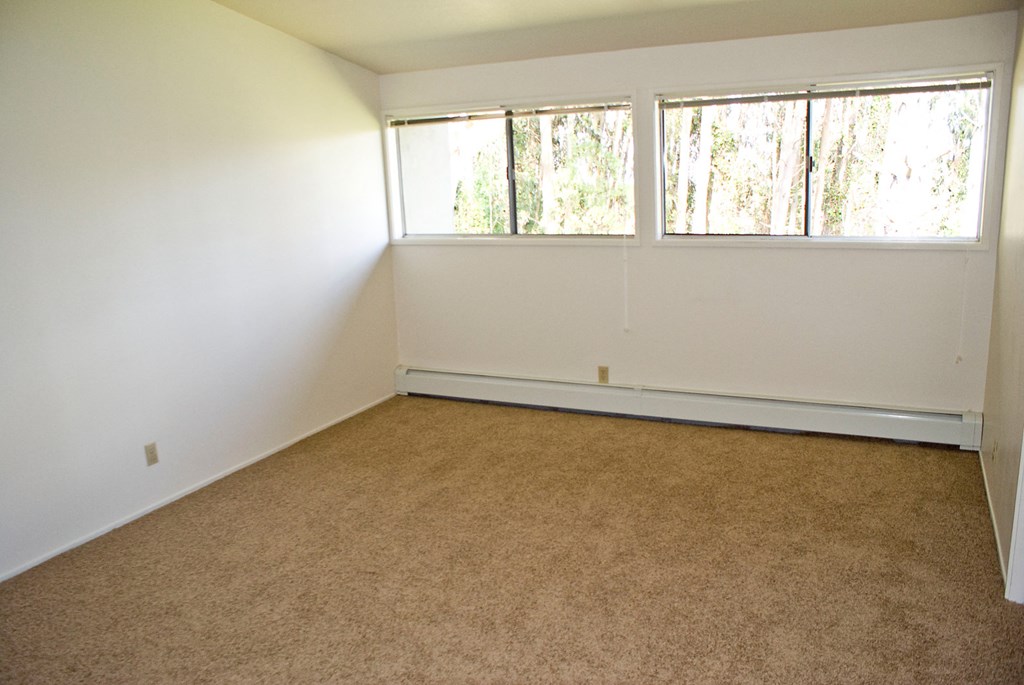 an empty room with three windows and a carpet