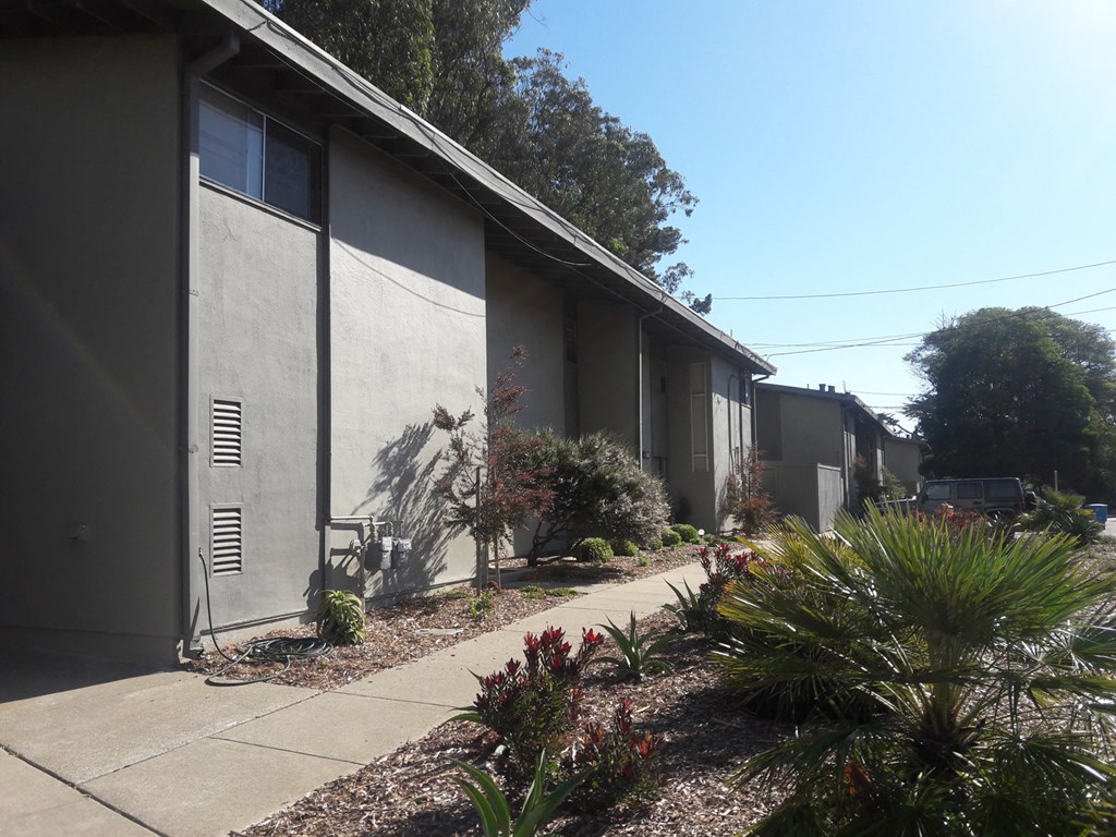 a side view of a gray building with a sidewalk and plants