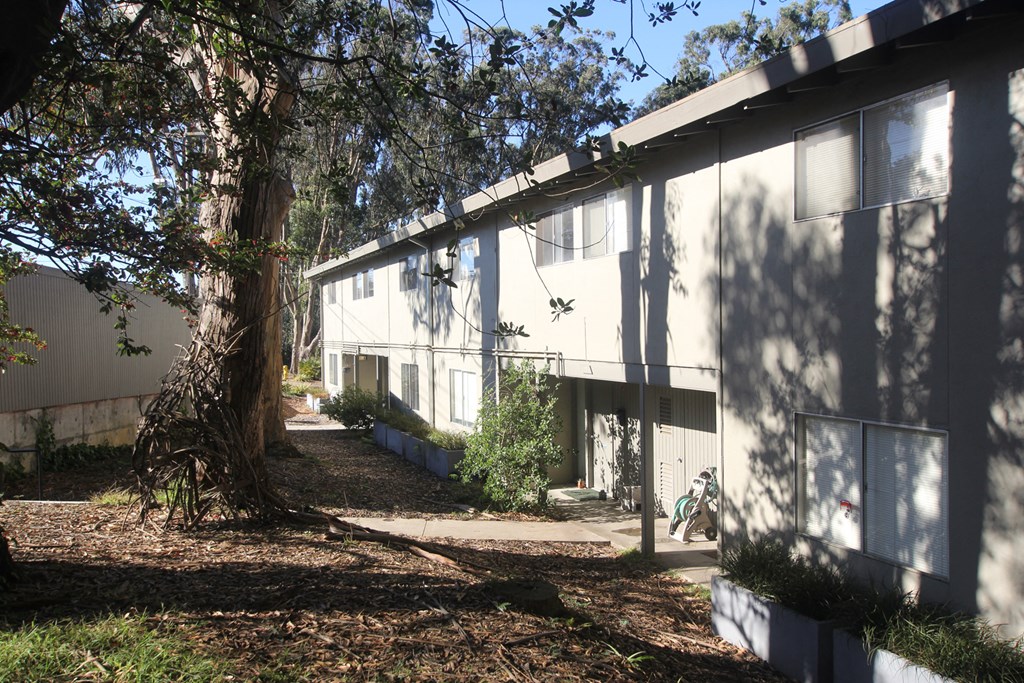 a side view of a white building with trees and a sidewalk