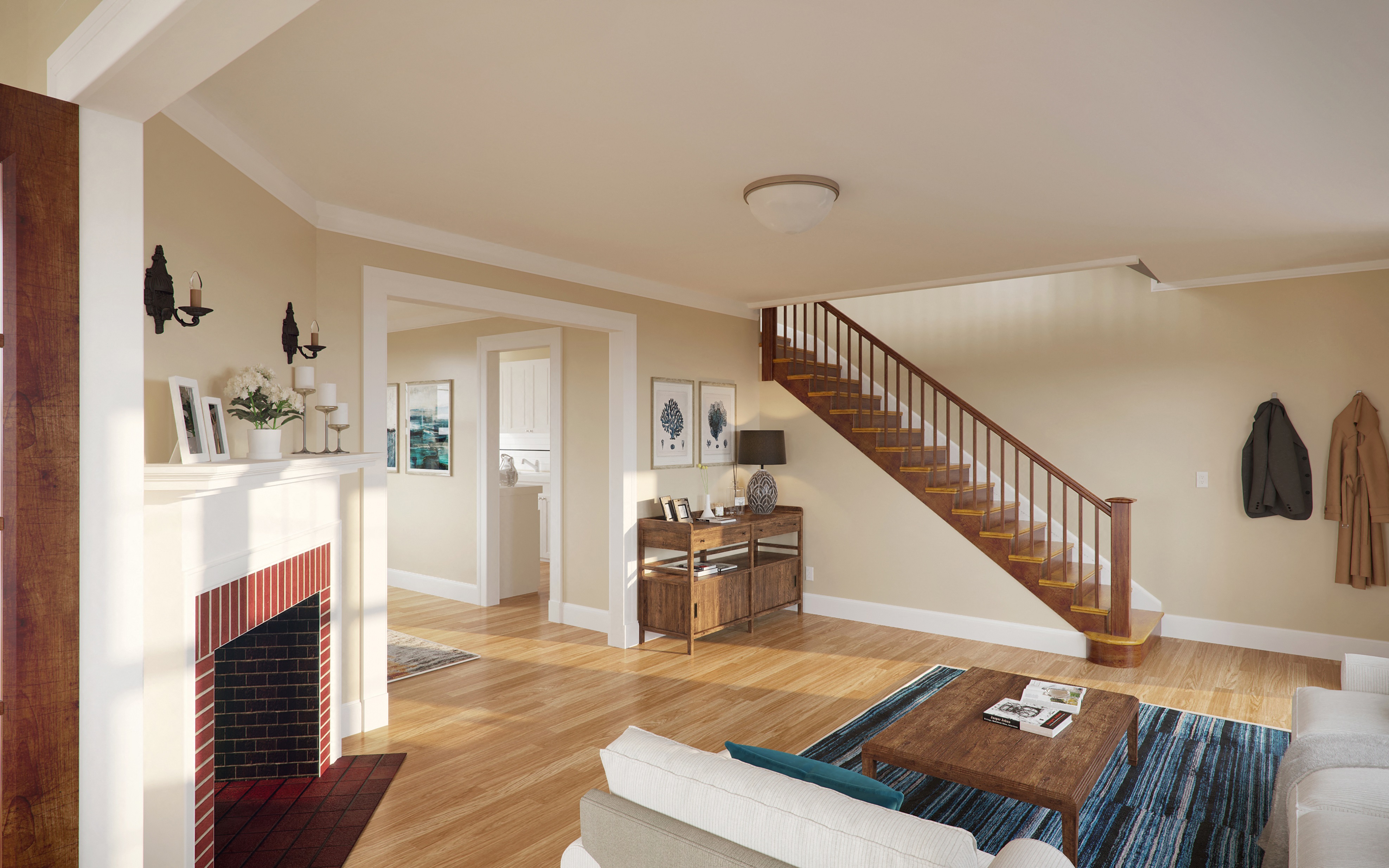 a living room with a staircase and a fireplace