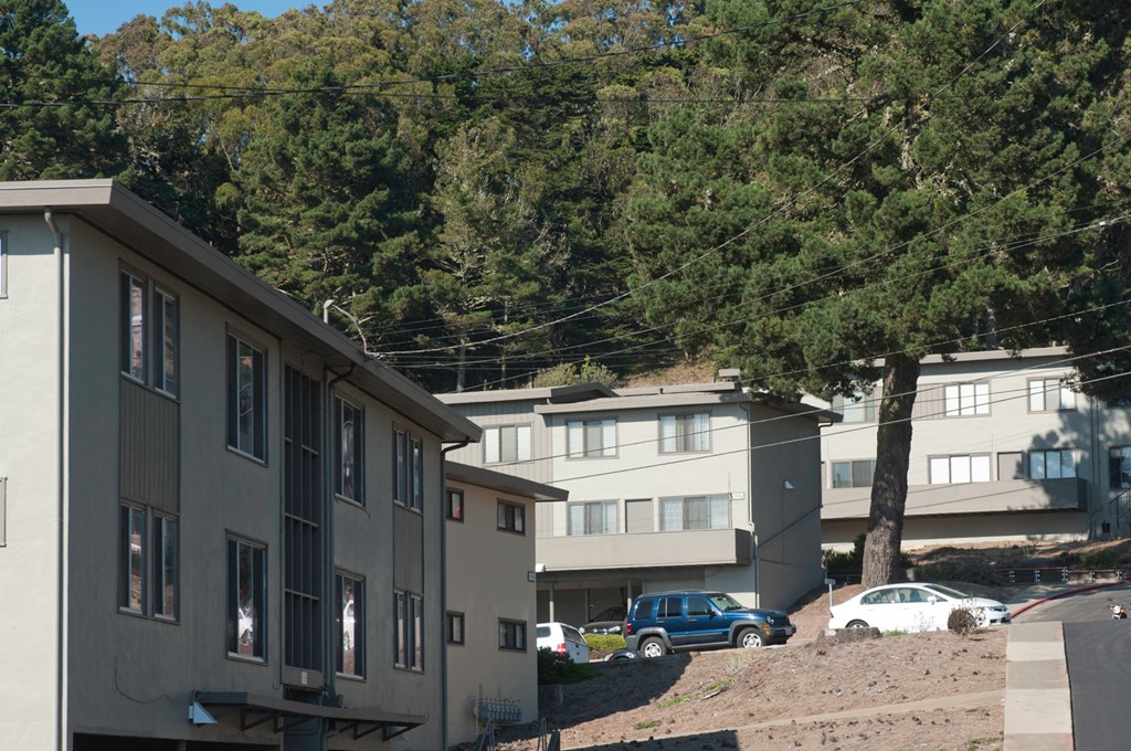 a row of apartment buildings with trees in the background