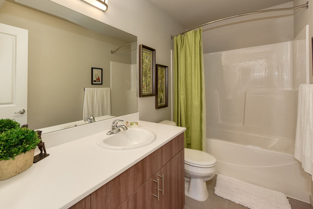 Bathroom with Cabinets, Wood Inspired Floors, Toilet and Lime Green Shower Curtain