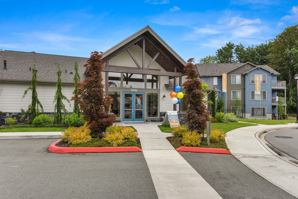 Leasing Office Entrance with Paved Path, Trees, Building Front Entrance,