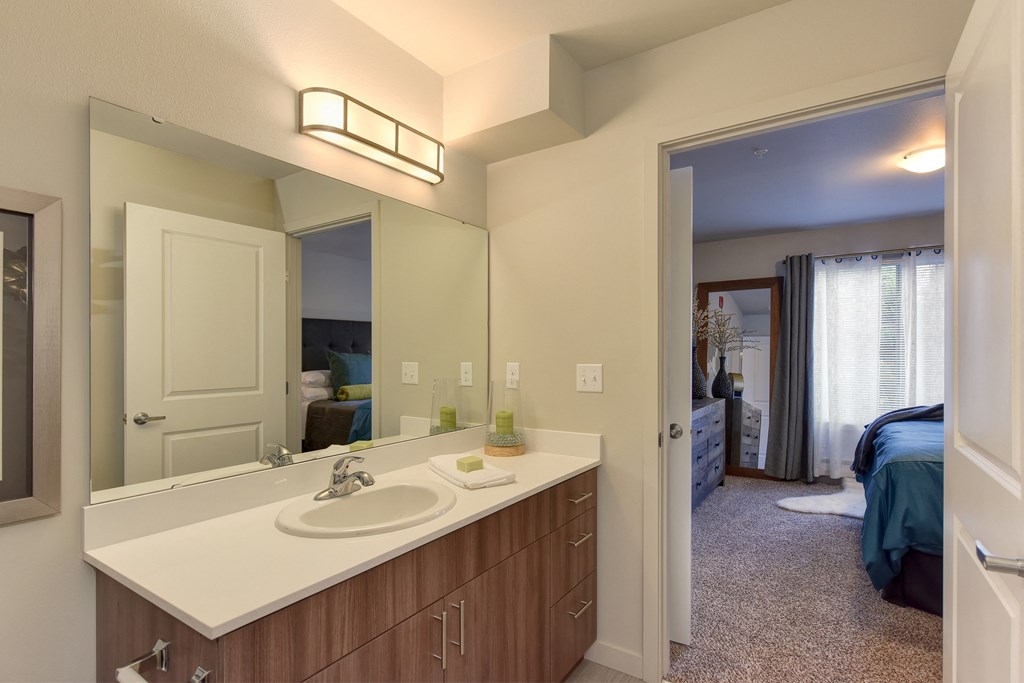 Master Bathroom with Vanity, Wood Cabinets, Sink Countertop, View of Bedroom