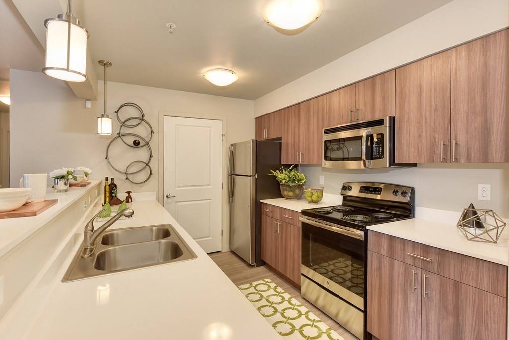 Model Kitchen with Sinks, Wood Inspired Floor, Sinks, Countertop, Oven, Wood Cabinets, Ceiling Lights
