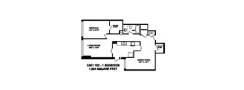 One bedroom, one bathroom apartment layout at Brookbanks Apartments in Toronto, ON
