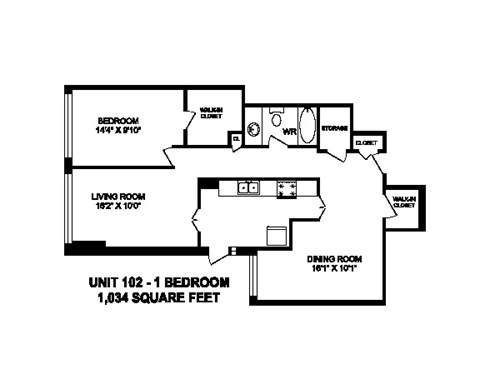 One bedroom, one bathroom apartment layout at Brookbanks Apartments in Toronto, ON