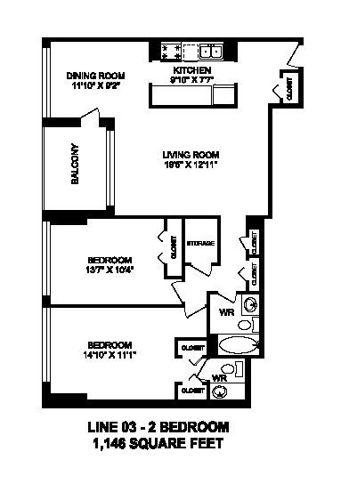 Two bedroom, one bathroom apartment layout at Brookbanks Apartments in Toronto, ON