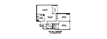 Two bedroom, one bathroom apartment layout at Brookbanks Apartments in Toronto, ON