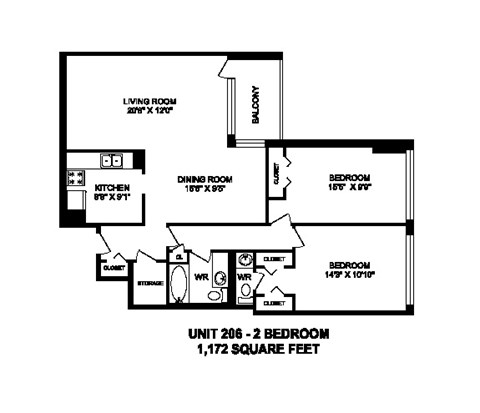 Two bedroom, one bathroom apartment layout at Brookbanks Apartments in Toronto, ON