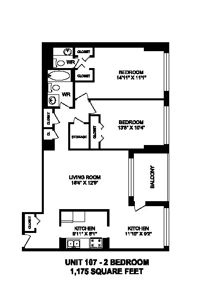 Two bedroom, one bathroom apartment layout at Brookbanks Apartments in Toronto, ON