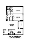 Two bedroom, one bathroom apartment layout at Brookbanks Apartments in Toronto, ON