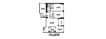 Three bedroom, one bathroom apartment layout at Brookbanks Apartments in Toronto, ON