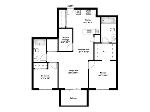 Two bedroom, two bathroom apartment layout at Elizabeth Gardens in Edmonton, AB