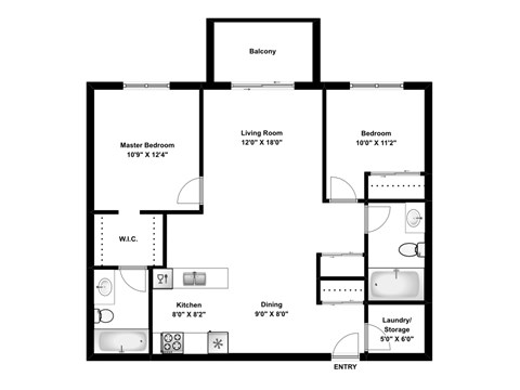 Two bedroom, two bathroom apartment layout at Elizabeth Gardens in Edmonton, AB