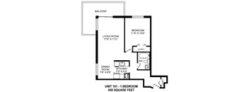 One bedroom, one bathroom apartment layout at Horizon Towers in Burnaby, BC