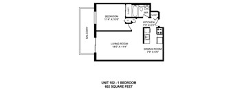 One bedroom, one bathroom apartment layout at Horizon Towers in Burnaby, BC