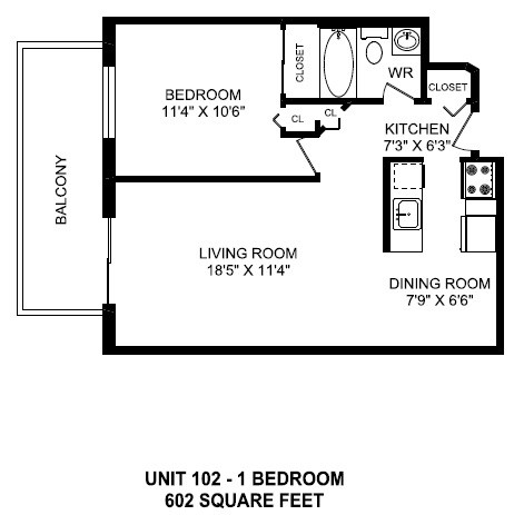 One bedroom, one bathroom apartment layout at Horizon Towers in Burnaby, BC