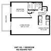 One bedroom, one bathroom apartment layout at Horizon Towers in Burnaby, BC