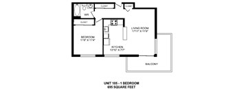 One bedroom, one bathroom apartment layout at Horizon Towers in Burnaby, BC
