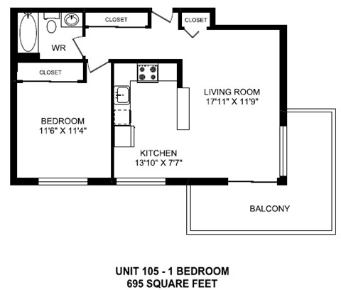 One bedroom, one bathroom apartment layout at Horizon Towers in Burnaby, BC