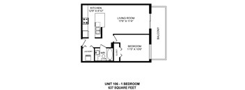 One bedroom, one bathroom apartment layout at Horizon Towers in Burnaby, BC