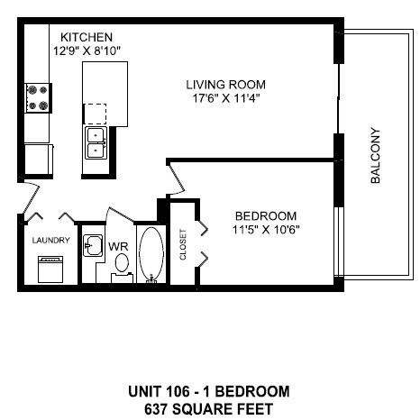 One bedroom, one bathroom apartment layout at Horizon Towers in Burnaby, BC