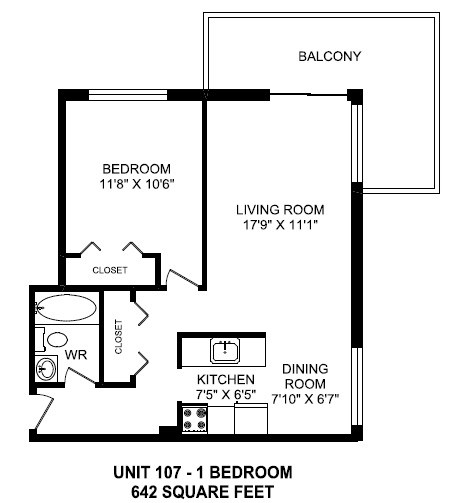 One bedroom, one bathroom apartment layout at Horizon Towers in Burnaby, BC