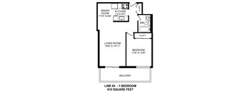 One bedroom, one bathroom apartment layout at Horizon Towers in Burnaby, BC