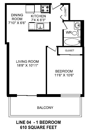 One bedroom, one bathroom apartment layout at Horizon Towers in Burnaby, BC