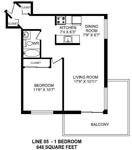 One bedroom, one bathroom apartment layout at Horizon Towers in Burnaby, BC