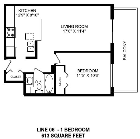 One bedroom, one bathroom apartment layout at Horizon Towers in Burnaby, BC