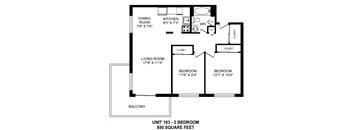 Two bedroom, one bathroom apartment layout at Horizon Towers in Burnaby, BC