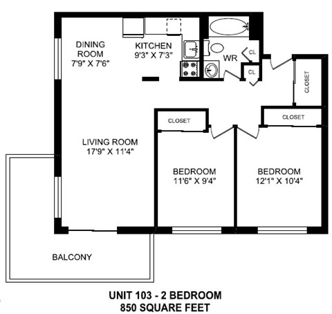 Two bedroom, one bathroom apartment layout at Horizon Towers in Burnaby, BC