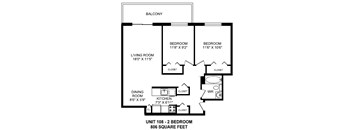 Two bedroom, one bathroom apartment layout at Horizon Towers in Burnaby, BC