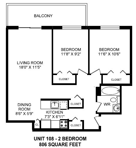 Two bedroom, one bathroom apartment layout at Horizon Towers in Burnaby, BC