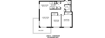 Two bedroom, one bathroom apartment layout at Horizon Towers in Burnaby, BC