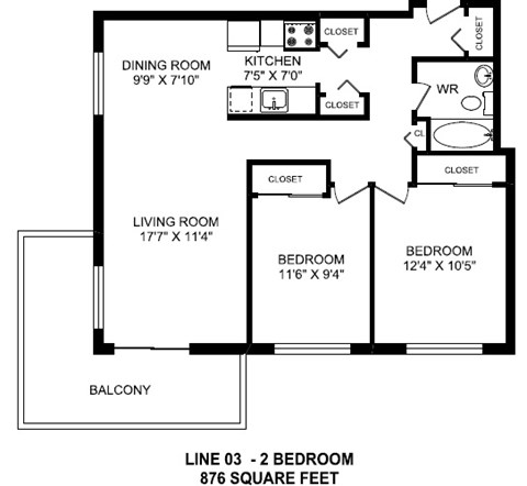 Two bedroom, one bathroom apartment layout at Horizon Towers in Burnaby, BC