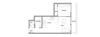 One bedroom, one bathroom apartment layout at Lynn Creek Apartments in North Vancouver, BC